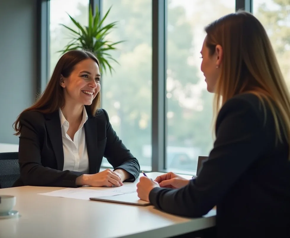 Business mentor consulting at professional desk with documents