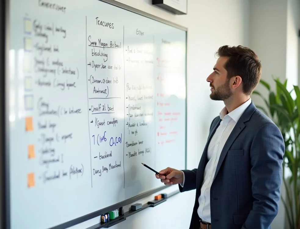 Entrepreneur planning strategy on whiteboard with markers